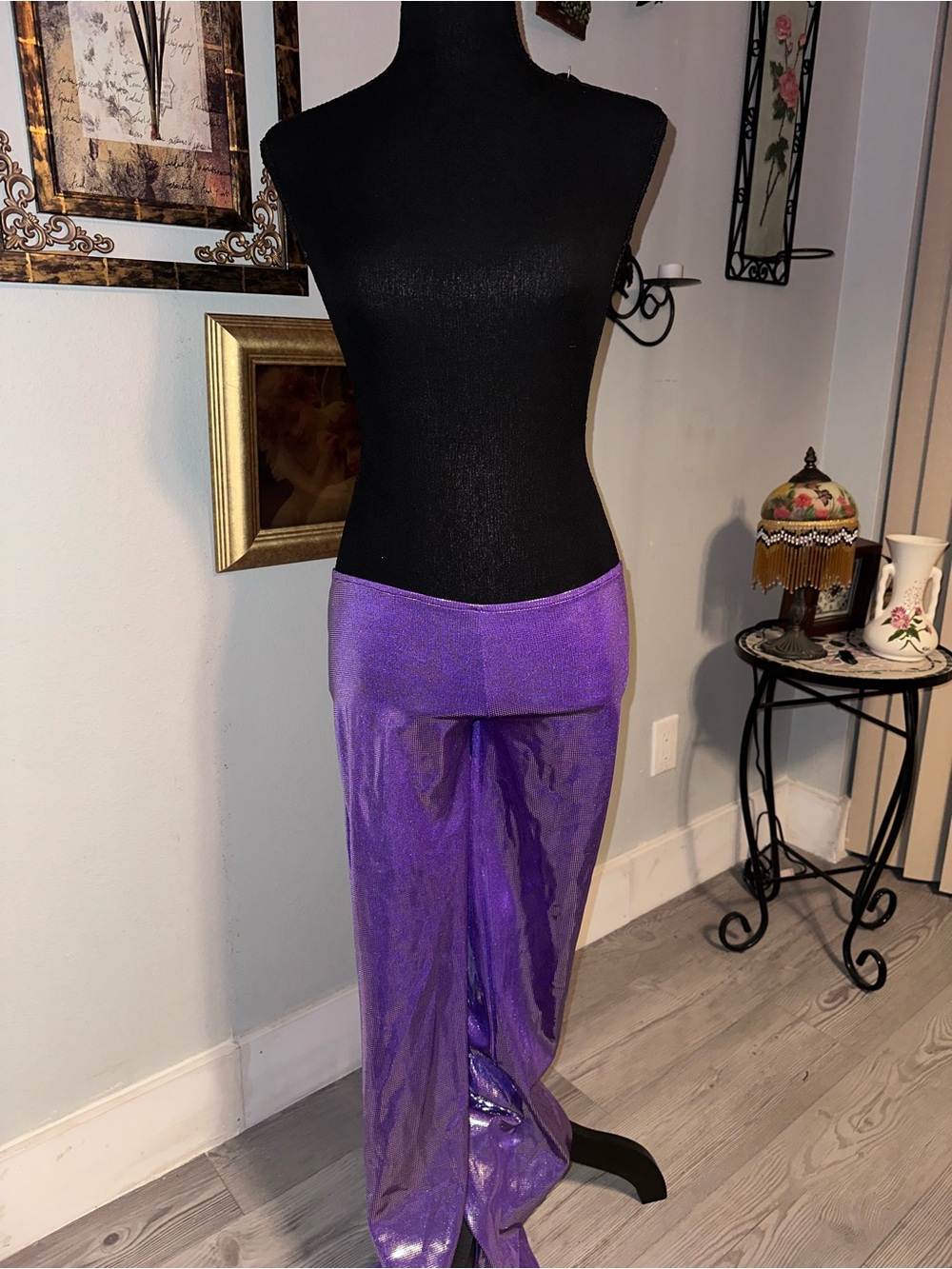 Vtg Purple Glitter Flared Low Rise Pants with Elastic Waist, XS